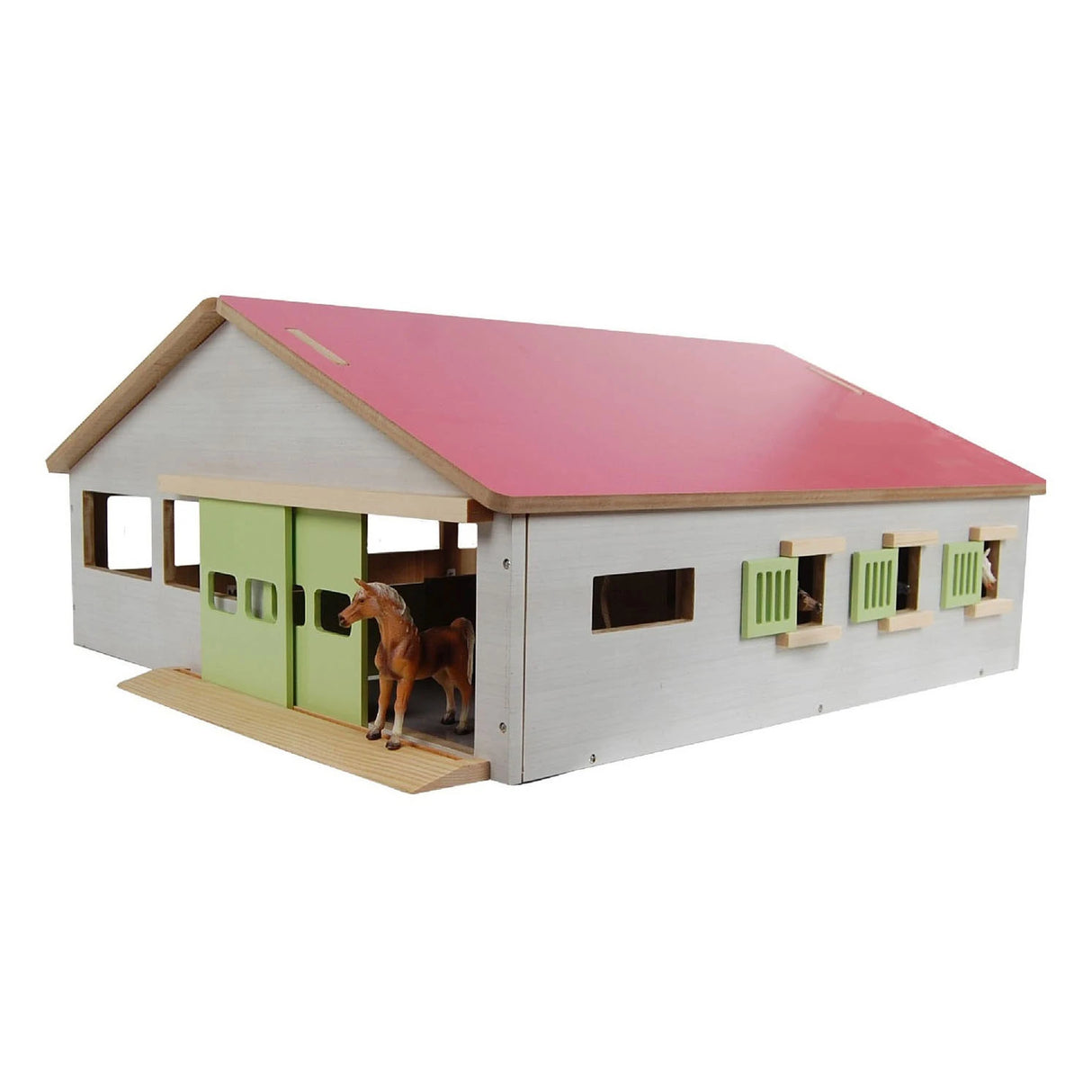 Kids Globe 1:32 Pink Horse Stable side angle view with green shutters, green doors and horse figure