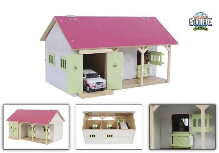 Kids Globe 1:32 Pink Stable with 2 boxes product image showing the inside stable layout and green stall doors