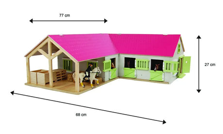Kids Globe 1:24 pink horse corner stable shown with dimension arrows