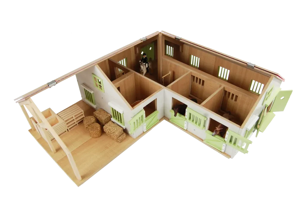 Overhead view of Kids Globe pink horse corner stable showing the open roof layout and four boxes