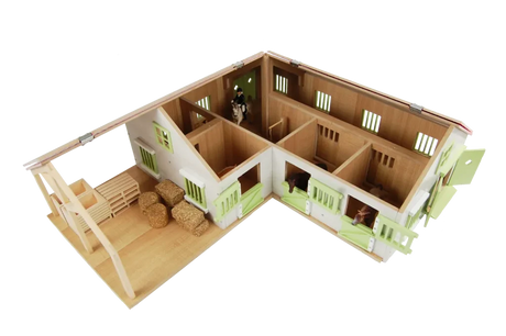 Overhead view of Kids Globe pink horse corner stable showing the open roof layout and four boxes