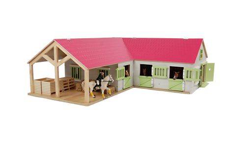 Close-up of Kids Globe pink horse stable doors with horse figures in the boxes