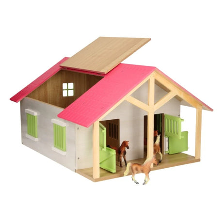 Kids Globe 1:24 pink horse stable farm toy with open stalls and horse figures