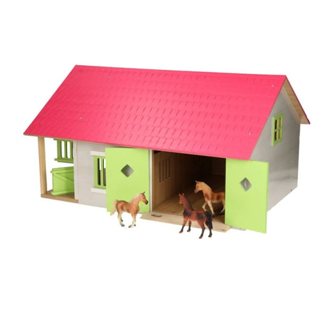 Kids Globe 1:24 pink horse stable farm toy with open front doors and horse figures