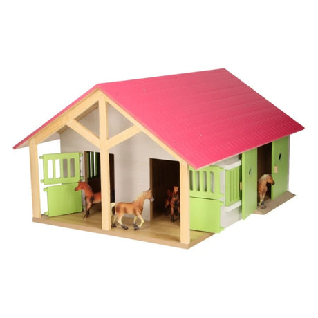 Kids Globe 1:24 pink horse stable farm toy side front view with horse figures