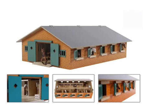 Kids Globe 1:32 horse stable farm toy with grey roof, green doors, horse figures and inset detail views