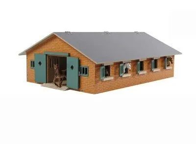 Kids Globe 1:32 horse stable farm toy close-up showing grey roof, brick wall print and green window shutters