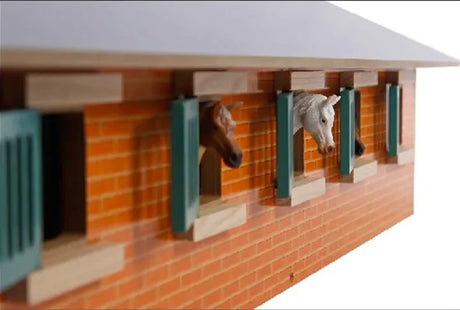 Kids Globe 1:32 horse stable farm toy side view with green window shutters and horse figures