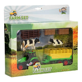 Boxed Kids Globe 1:32 farm toy tractor set with trailer, cows, bales and fence