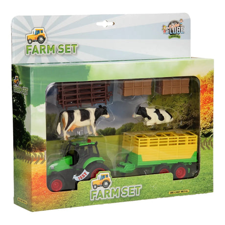 Boxed Kids Globe 1:32 farm toy tractor set with trailer, cows, bales and fence