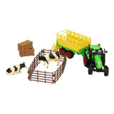 Kids Globe 1:32 farm toy set with green tractor, yellow trailer, 2 cows, bales and fence