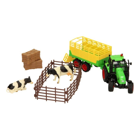 Kids Globe 1:32 farm toy set with green tractor, yellow trailer, 2 cows, bales and fence