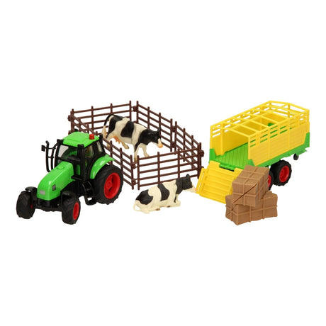 Kids Globe 1:32 farm toy tractor set with trailer, 2 cows, bales and fence pieces