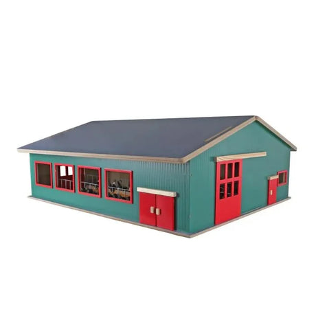 Kids Globe 1:32 wooden cattle farm showing teal exterior with red double doors, red-framed windows and dark blue pitched roof on white background