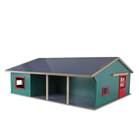 Kids Globe 1:32 wooden cattle farm with green walls, dark blue roof, red-framed windows and open front storage bays on white background