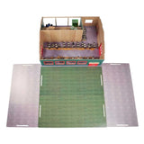 Overhead view of Kids Globe 1:32 wooden cattle farm interior showing cow stalls, hay bales and foldout pasture and yard play surfaces