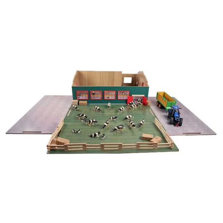 Kids Globe 1:32 wooden cattle farm playset laid out with fenced pasture, dairy cow figures, hay bales and blue tractor with trailer