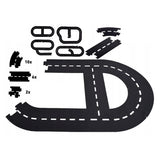 Kids Globe 18 Piece Car Track Road Division pieces arranged flat to show curved sections, straight sections and connector pieces
