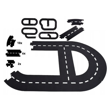 Kids Globe 18 Piece Car Track Road Division pieces arranged flat to show curved sections, straight sections and connector pieces