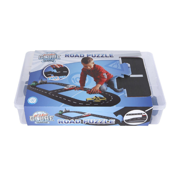 Kids Globe 18 Piece Car Track Road Division in a clear plastic storage box with front sleeve artwork showing a child and road layout