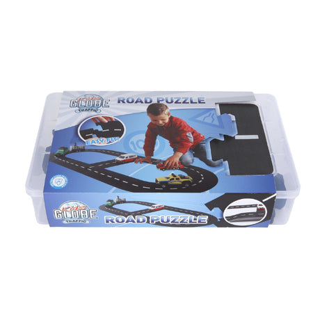Kids Globe 18 Piece Car Track Road Division in a clear plastic storage box with front sleeve artwork showing a child and road layout