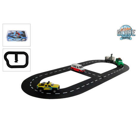 Kids Globe 18 Piece Car Track Road Division set assembled in an oval layout with toy vehicles, inset track layout images and Kids Globe Traffic logo