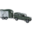 Kids Globe Land Rover with Cheval Liberté horsebox featuring a silver side panel with black horse head graphic, dark green roof and twin axle wheels.