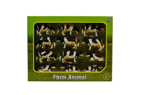 Kids Globe 12 pack of black and white cows in new packaging 1:32 scale toy Ireland