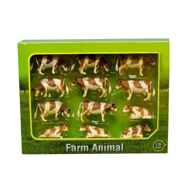 Kids Globe 12 pack of brown and white cows in packaging 1:32 scale toy Ireland