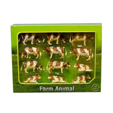 Kids Globe 12 pack of brown and white cows in packaging 1:32 scale toy Ireland