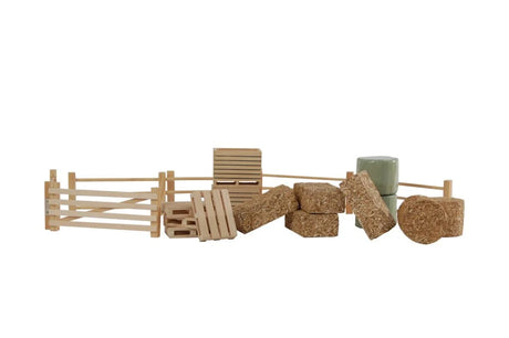 Kids Globe Farming 1:32 Farm Accessory Set displayed on white background showing wooden gate, fence panels, pallets, crates, square hay bales and wrapped round bales