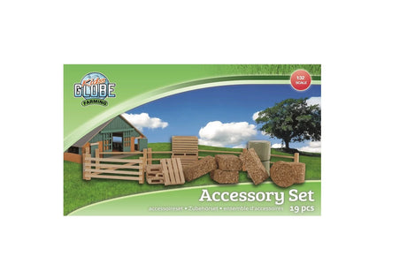 Kids Globe Farming 1:32 Farm Accessory Set 19 piece retail box showing wooden fences, gate, pallets, crates and hay bales on farm scene background