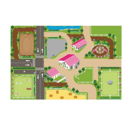 Kids Globe Horse Playmat 100 x 150 cm showing a printed horse riding school scene with roads, paddocks, arena, buildings, parking areas and fenced fields