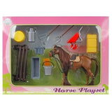 Kids Globe horse and accessories set in retail box with brown horse, black fence panels, drinking trough, bucket and wheelbarrow