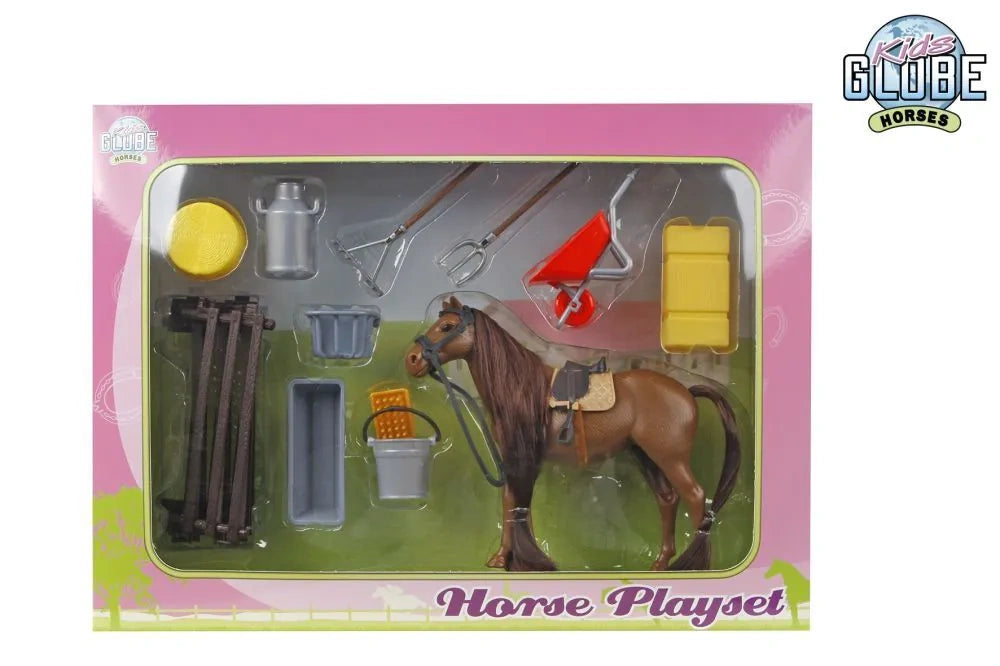 Kids Globe horse playset in pink packaging with brown horse, black fence panels, trough, bucket, wheelbarrow and hay bales