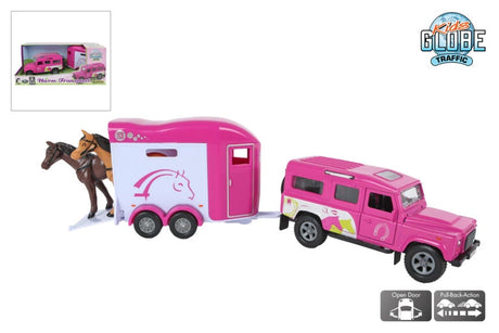 Pink Land Rover and Cheval Liberté horse trailer toy with two horses and feature icons