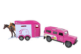 Pink Land Rover and Cheval Liberté horse trailer toy with two horses and the trailer ramp down