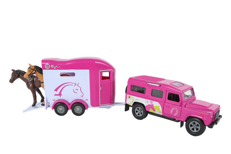 Pink Land Rover and Cheval Liberté horse trailer toy with two horses and the trailer ramp down