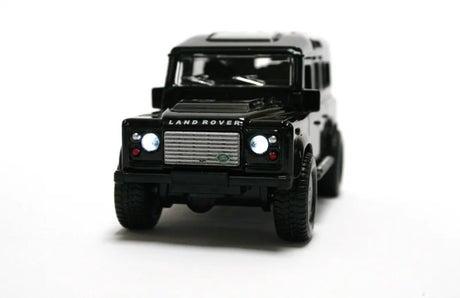 Kids Globe Land Rover Defender black front view with working lights 1:32 scale Ireland