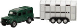 Kids Globe dark green Land Rover Defender 110 towing a silver three axle livestock trailer, shown from the front and side on a white background.