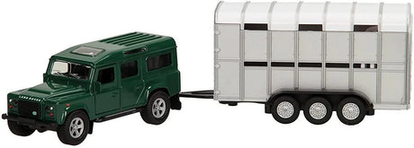 Kids Globe dark green Land Rover Defender 110 towing a silver three axle livestock trailer, shown from the front and side on a white background.