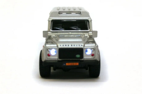 Kids Globe Land Rover Defender silver 1:32 toy front view with working lights Ireland