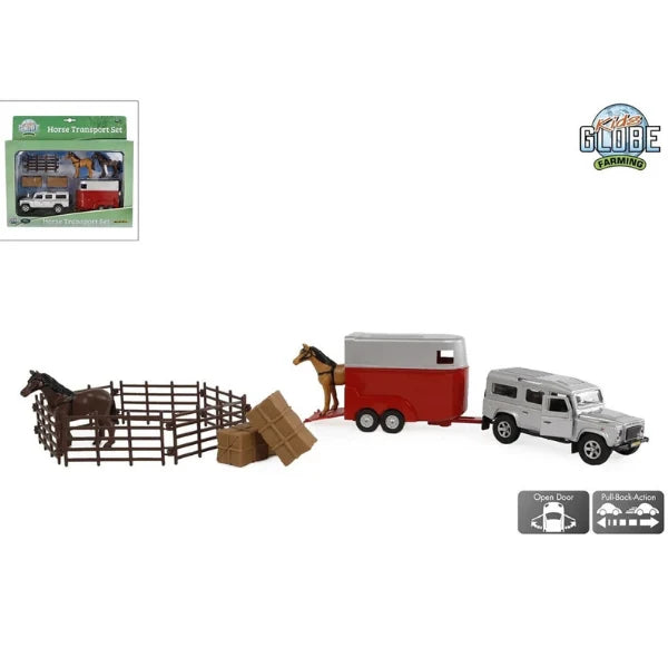 Kids Globe 1:32 Horse Transport Set showing a silver Land Rover, red and white horse trailer, two horses, brown paddock fencing and stacked hay bales, with packaging inset.