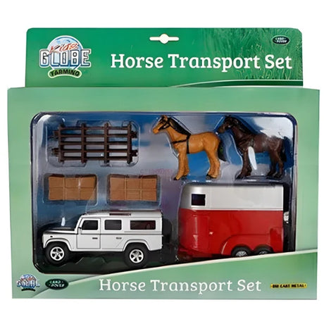 Front of Kids Globe Farming Horse Transport Set packaging showing the Land Rover, twin axle horse trailer, brown and tan horses, paddock fencing and accessories through the clear window.