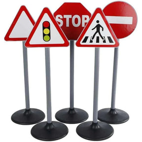 Close view of Kids Globe large traffic signs showing warning, traffic lights, stop, pedestrian crossing and no entry signs