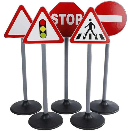Close view of Kids Globe large traffic signs showing warning, traffic lights, stop, pedestrian crossing and no entry signs