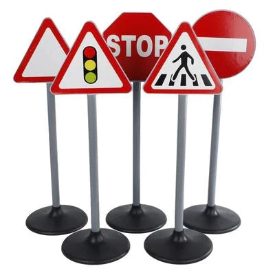 Kids Globe five piece traffic signs set standing upright on black bases