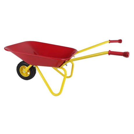 Red and yellow kids metal wheelbarrow in side view