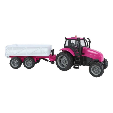 Pink tractor and white trailer farm toy in side view