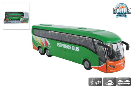 Kids Globe Traffic die cast coach bus 18.5cm model with packaging inset and feature icons showing light and sound, opening door and pull back action